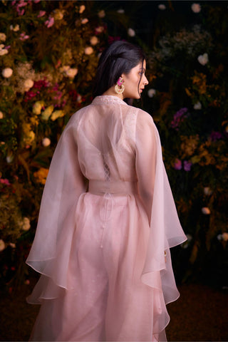 Contemporary Wear – Shell Pink Zardozi Top with Cape by Shyam Narayan Prasad