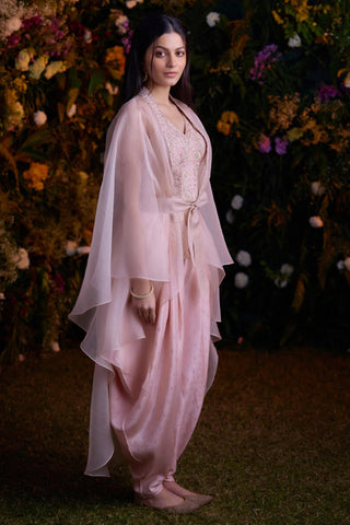 Contemporary Wear – Shell Pink Zardozi Top with Cape by Shyam Narayan Prasad