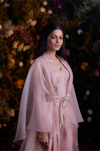 Contemporary Wear – Shell Pink Zardozi Top with Cape by Shyam Narayan Prasad