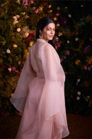 Contemporary Wear – Shell Pink Zardozi Top with Cape by Shyam Narayan Prasad