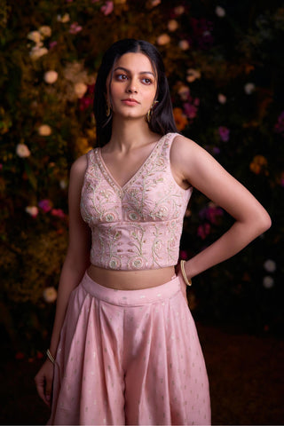 Contemporary Wear – Shell Pink Zardozi Top with Cape by Shyam Narayan Prasad