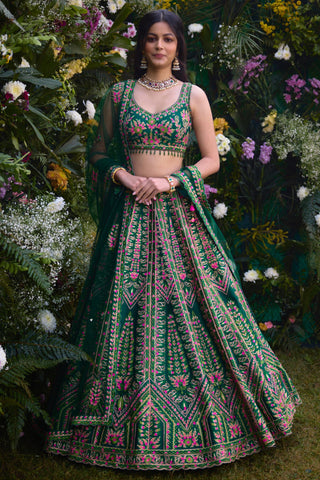 Lehenga Set for Indian Wedding – Deep Forest Green Gota by Shyam Narayan Prasad