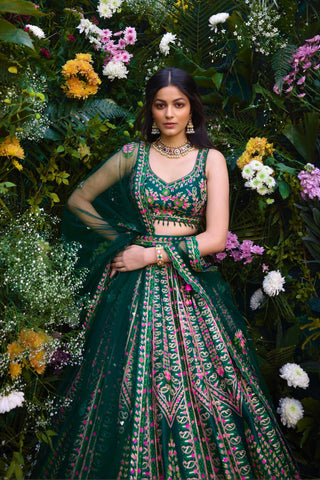 Lehenga Set for Indian Wedding – Deep Forest Green Gota by Shyam Narayan Prasad