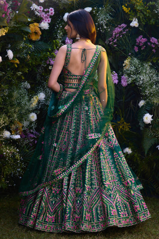 Lehenga Set for Indian Wedding â€“ Deep Forest Green Gota by Shyam Narayan Prasad