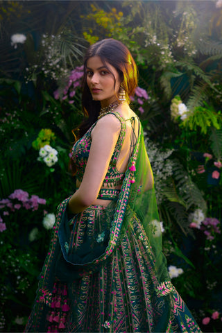 Lehenga Set for Indian Wedding â€“ Deep Forest Green Gota by Shyam Narayan Prasad