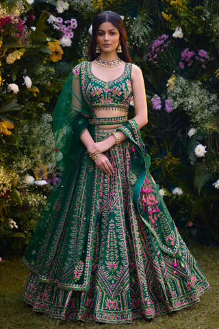 Lehenga Set for Indian Wedding â€“ Deep Forest Green Gota by Shyam Narayan Prasad