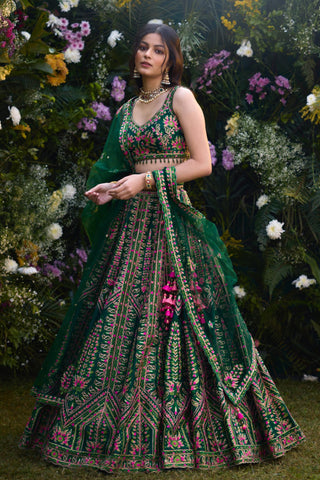 Lehenga Set for Indian Wedding â€“ Deep Forest Green Gota by Shyam Narayan Prasad