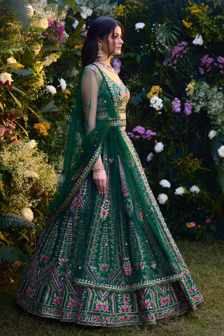 Lehenga Set for Indian Wedding â€“ Deep Forest Green Gota by Shyam Narayan Prasad