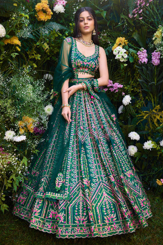 Lehenga Set for Indian Wedding â€“ Deep Forest Green Gota by Shyam Narayan Prasad