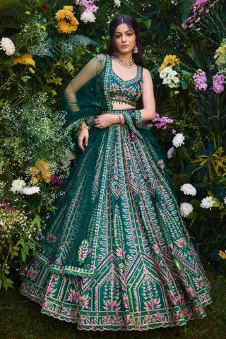 Lehenga Set for Indian Wedding â€“ Deep Forest Green Gota by Shyam Narayan Prasad