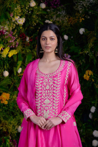 Kurta Set for Contemporary Wear – Fuschia Pink Chanderi by Shyam Narayan Prasad