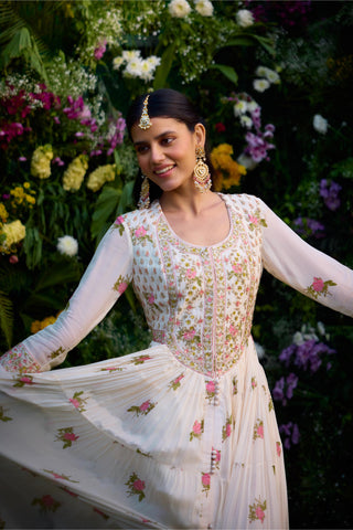 Anarkali Set for Indian Wedding – Ivory Hand Block Zardozi by Shyam Narayan Prasad