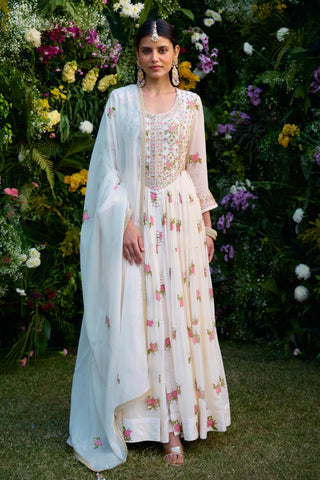 Anarkali Set for Indian Wedding – Ivory Hand Block Zardozi by Shyam Narayan Prasad