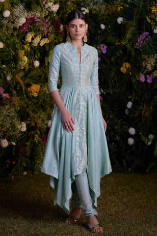 Kurta Set for Contemporary Wear – Misty Blue Asymmetric by Shyam Narayan Prasad