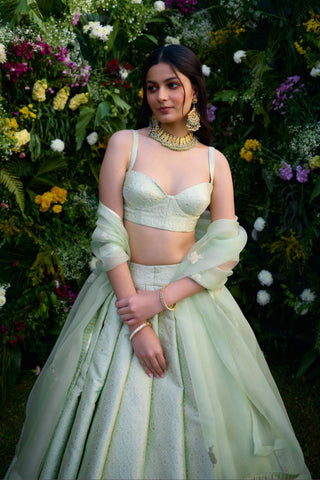 Lehenga Set for Indian Wedding – Meadow Mist Green Brocade by Shyam Narayan Prasad