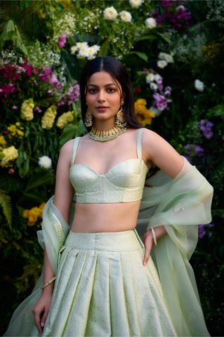 Lehenga Set for Indian Wedding – Meadow Mist Green Brocade by Shyam Narayan Prasad