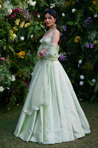 Lehenga Set for Indian Wedding – Meadow Mist Green Brocade by Shyam Narayan Prasad