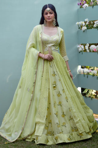 Angrakha Lehenga Set for Indian Wedding – Canary Yellow Block Print by Shyam Narayan Prasad