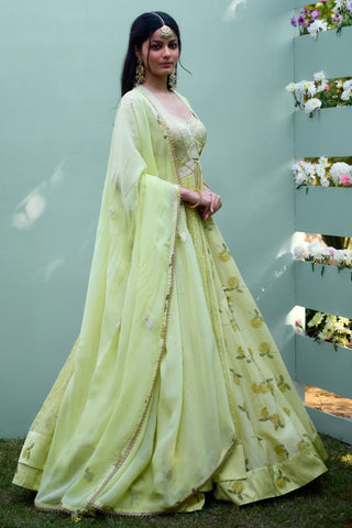 Angrakha Lehenga Set for Indian Wedding – Canary Yellow Block Print by Shyam Narayan Prasad