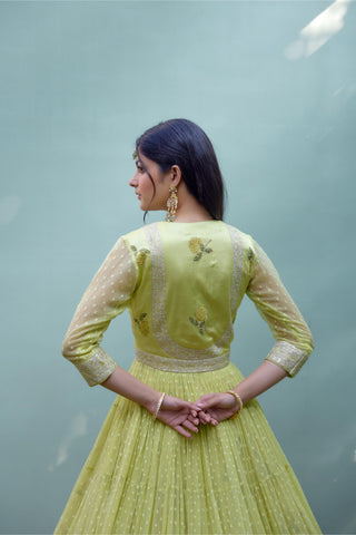 Angrakha Lehenga Set for Indian Wedding – Canary Yellow Block Print by Shyam Narayan Prasad