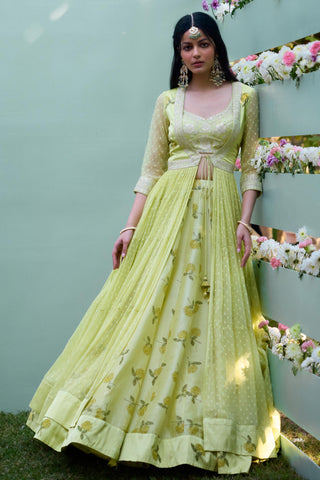 Angrakha Lehenga Set for Indian Wedding – Canary Yellow Block Print by Shyam Narayan Prasad