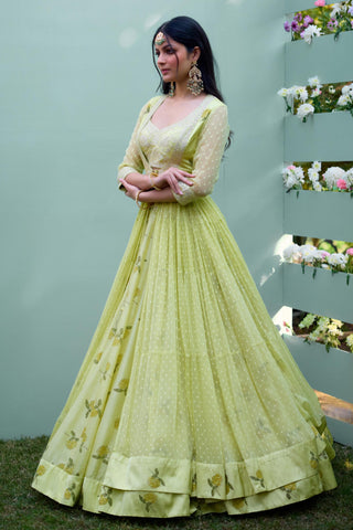 Angrakha Lehenga Set for Indian Wedding – Canary Yellow Block Print by Shyam Narayan Prasad