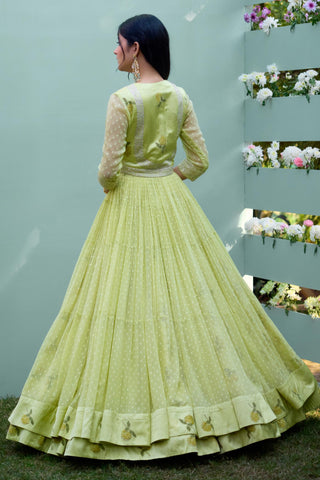 Angrakha Lehenga Set for Indian Wedding – Canary Yellow Block Print by Shyam Narayan Prasad