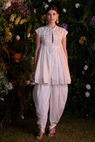 Contemporary Wear – Ivory Jacquard Flared Top with Dhoti by Shyam Narayan Prasad