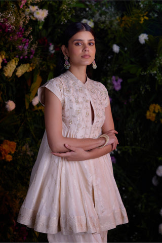 Contemporary Wear – Ivory Jacquard Flared Top with Dhoti by Shyam Narayan Prasad