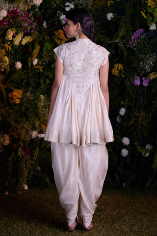 Contemporary Wear – Ivory Jacquard Flared Top with Dhoti by Shyam Narayan Prasad