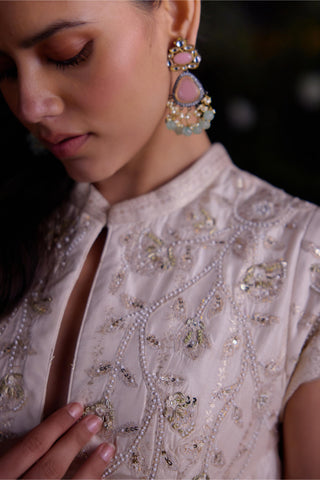 Contemporary Wear – Ivory Jacquard Flared Top with Dhoti by Shyam Narayan Prasad