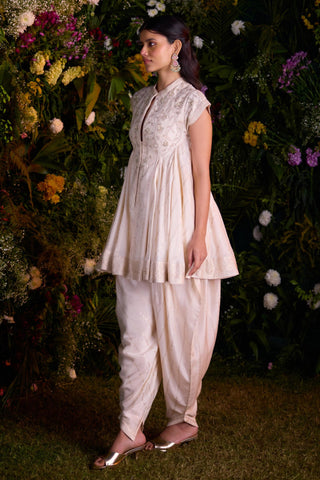 Contemporary Wear – Ivory Jacquard Flared Top with Dhoti by Shyam Narayan Prasad