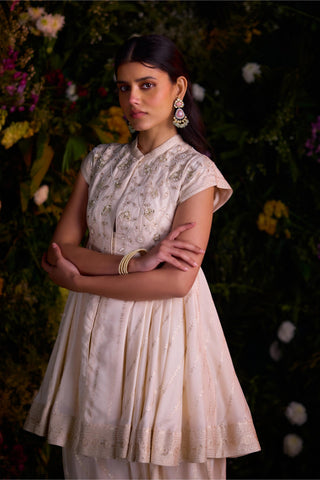 Contemporary Wear – Ivory Jacquard Flared Top with Dhoti by Shyam Narayan Prasad
