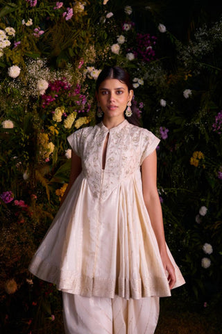 Contemporary Wear – Ivory Jacquard Flared Top with Dhoti by Shyam Narayan Prasad