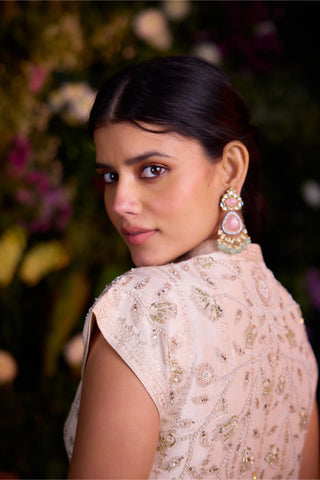 Contemporary Wear – Ivory Jacquard Flared Top with Dhoti by Shyam Narayan Prasad