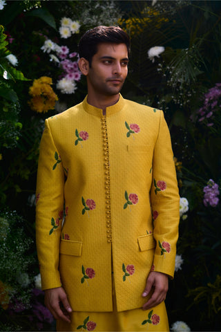 kurta set – Indian Wedding – Golden Yellow Quilted Jacket Set – by Shyam Narayan Prasad