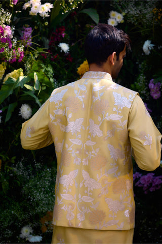 embroidered kurta set – Indian Wedding – Lemon Drop Yellow Waistcoat Set – by Shyam Narayan Prasad