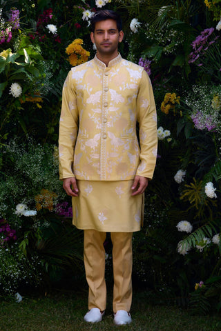 embroidered kurta set – Indian Wedding – Lemon Drop Yellow Waistcoat Set – by Shyam Narayan Prasad