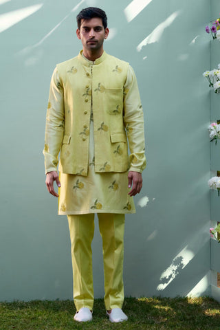 kurta set – Indian Wedding – Canary Yellow Quilted Waistcoat Set – by Shyam Narayan Prasad