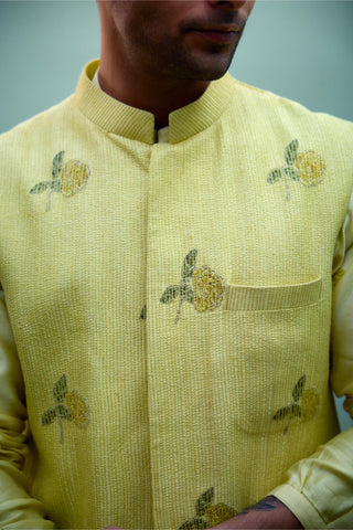 kurta set – Indian Wedding – Canary Yellow Quilted Waistcoat Set – by Shyam Narayan Prasad