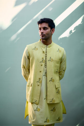 kurta set – Indian Wedding – Canary Yellow Quilted Waistcoat Set – by Shyam Narayan Prasad