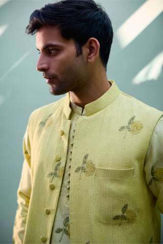 kurta set – Indian Wedding – Canary Yellow Quilted Waistcoat Set – by Shyam Narayan Prasad