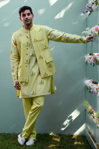 kurta set – Indian Wedding – Canary Yellow Quilted Waistcoat Set – by Shyam Narayan Prasad