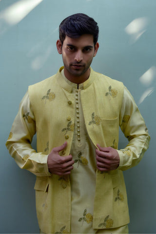 kurta set – Indian Wedding – Canary Yellow Quilted Waistcoat Set – by Shyam Narayan Prasad