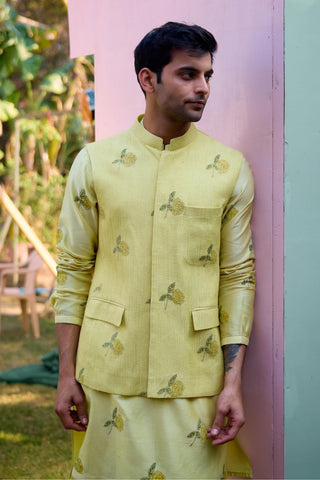kurta set – Indian Wedding – Canary Yellow Quilted Waistcoat Set – by Shyam Narayan Prasad