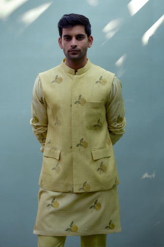 kurta set – Indian Wedding – Canary Yellow Quilted Waistcoat Set – by Shyam Narayan Prasad