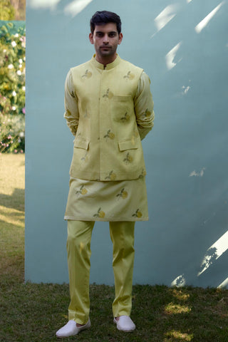 kurta set – Indian Wedding – Canary Yellow Quilted Waistcoat Set – by Shyam Narayan Prasad