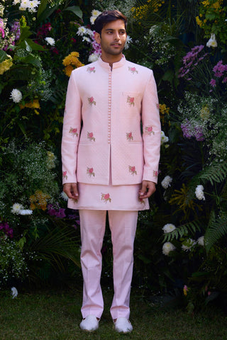 kurta set – Indian Wedding – Crystal Pink Quilted Jacket Set – by Shyam Narayan Prasad