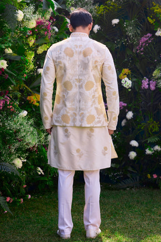 embroidered kurta set – Indian Wedding – Pristine White Lurex Waistcoat Set – by Shyam Narayan Prasad