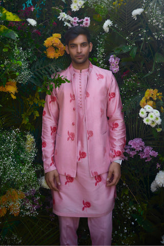 kurta set – Indian Wedding – Prism Pink Dori Quilted Waistcoat Set – by Shyam Narayan Prasad